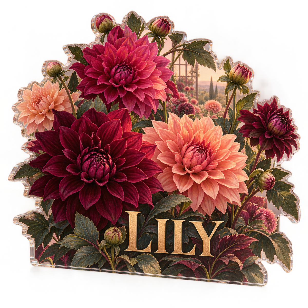 Artwork visualization: Dahlia garden — bedroom statement decor, personalized LILY, subject-shaped acrylic with printed optical 3D depth; not carved relief.