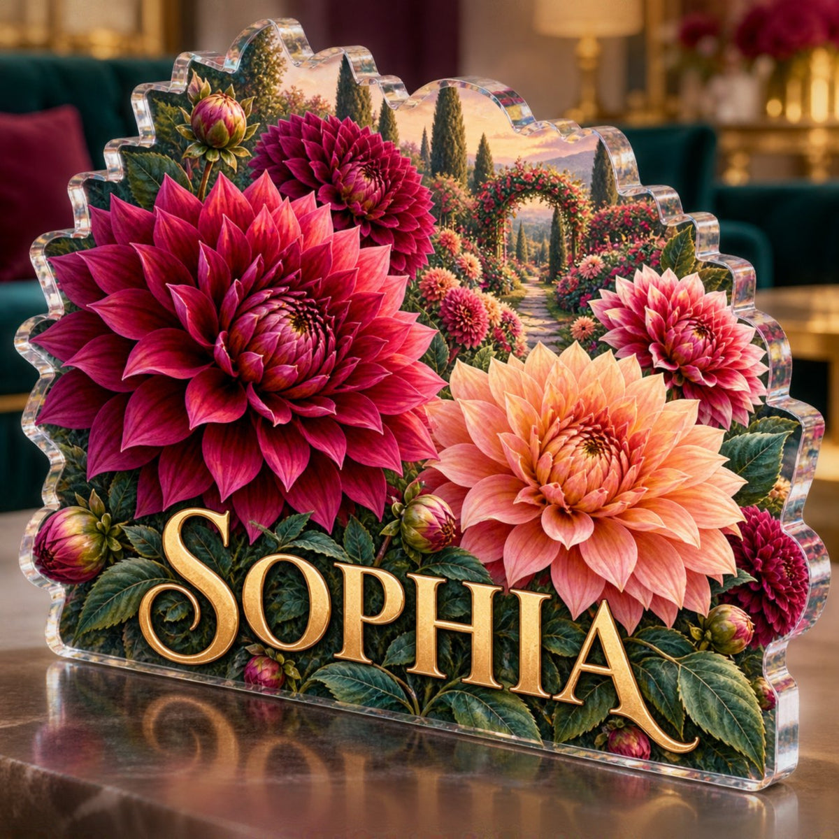 Personalized Dahlia Garden Living Room Focal Point custom shape acrylic plaque with an example name set into the artwork, digital preview