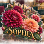 Artwork visualization: Dahlia garden — living room focal point, personalized SOPHIA, subject-shaped acrylic with printed optical 3D depth; not carved relief.