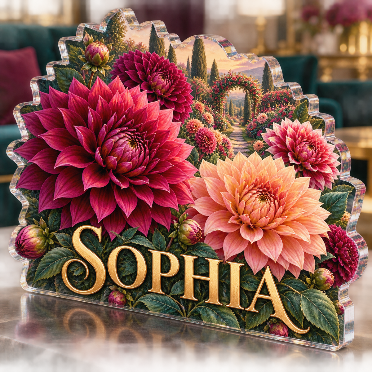 Artwork visualization: Dahlia garden — living room focal point, personalized SOPHIA, subject-shaped acrylic with printed optical 3D depth; not carved relief.