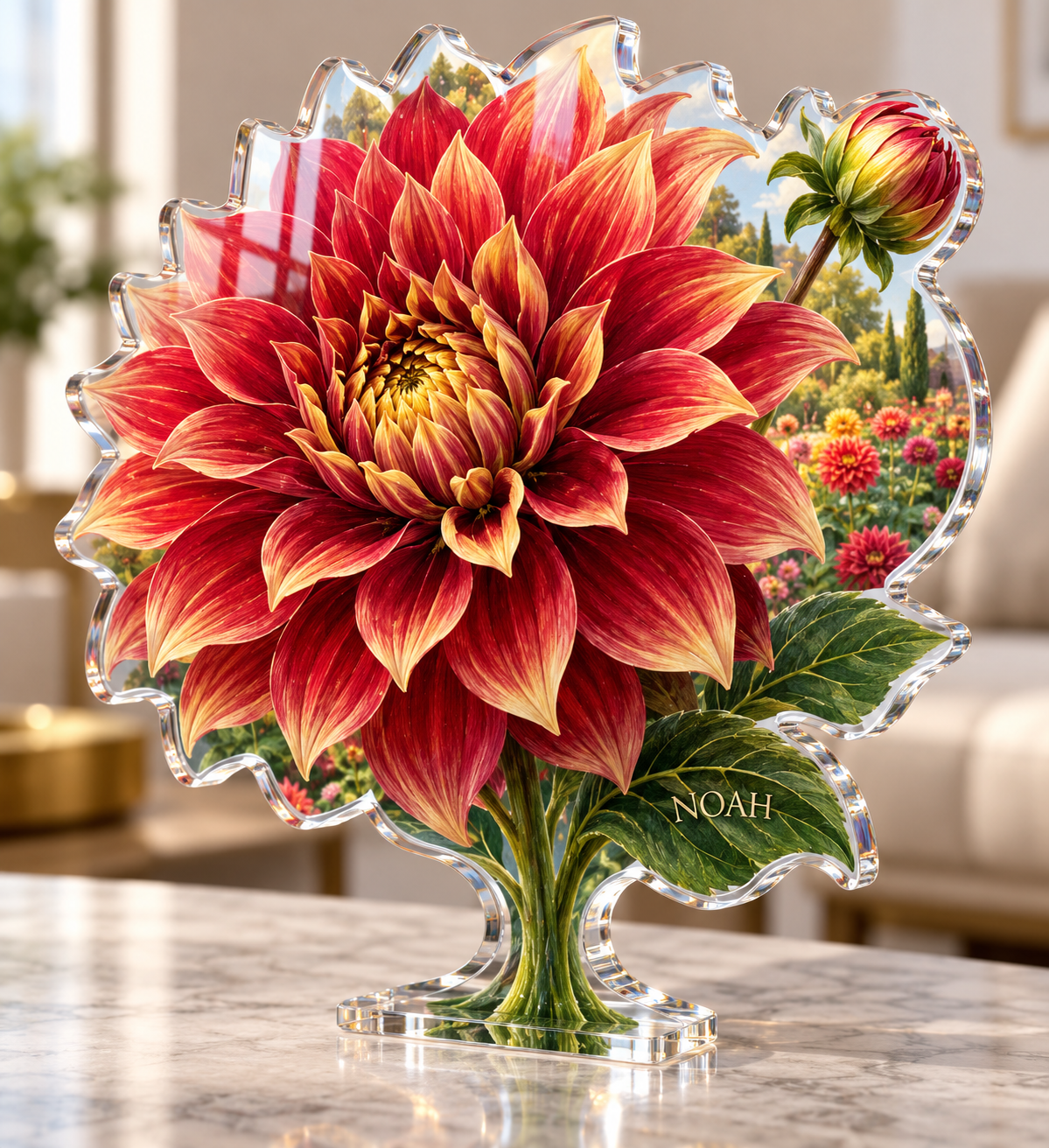 Artwork visualization: Dahlia garden — personalized housewarming, personalized NOAH, subject-shaped acrylic with printed optical 3D depth; not carved relief.