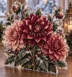 Artwork visualization: Dahlia garden — quiet corner decoration, personalized OLIVIA, subject-shaped acrylic with printed optical 3D depth; not carved relief.