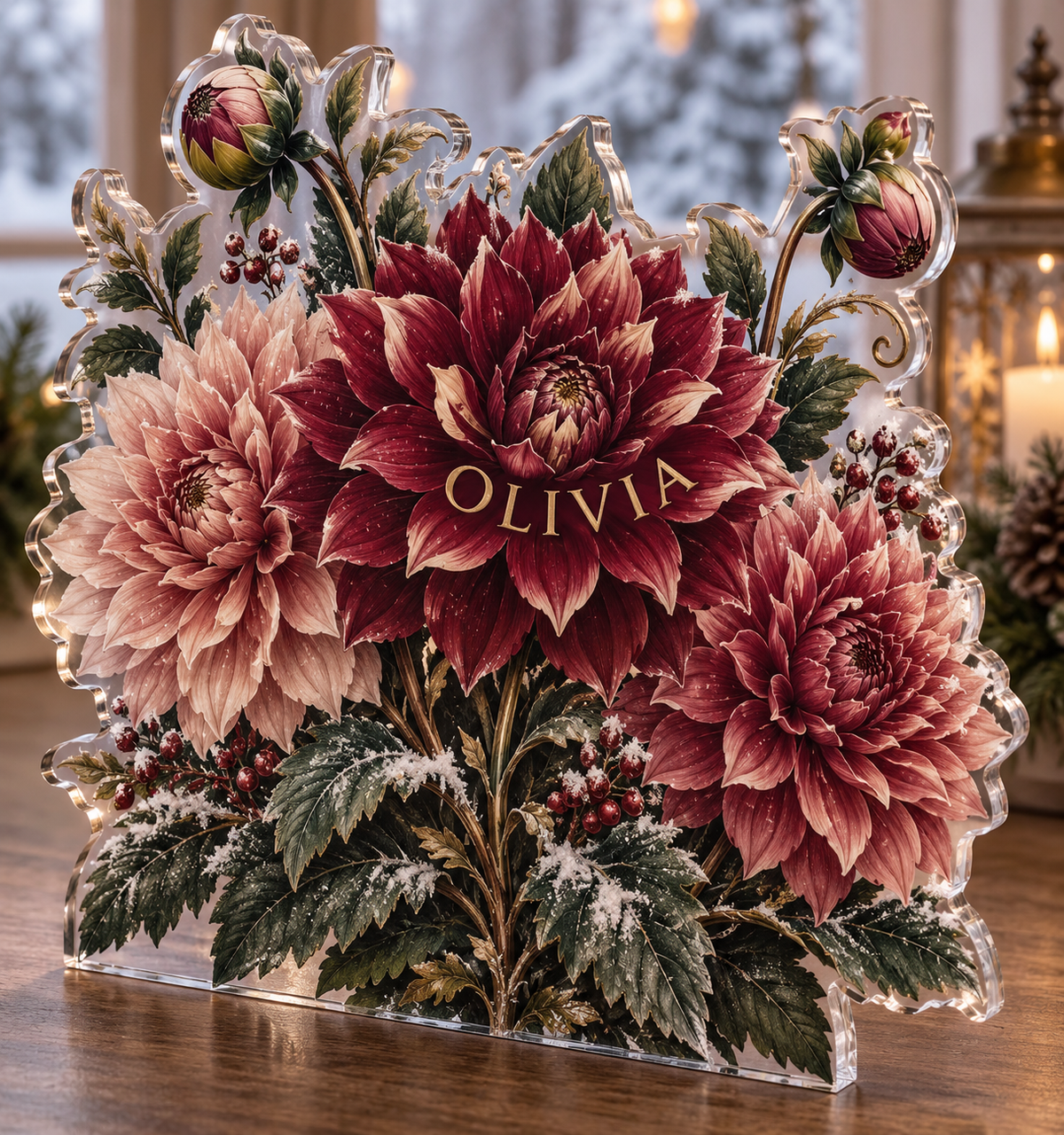 Artwork visualization: Dahlia garden — quiet corner decoration, personalized OLIVIA, subject-shaped acrylic with printed optical 3D depth; not carved relief.