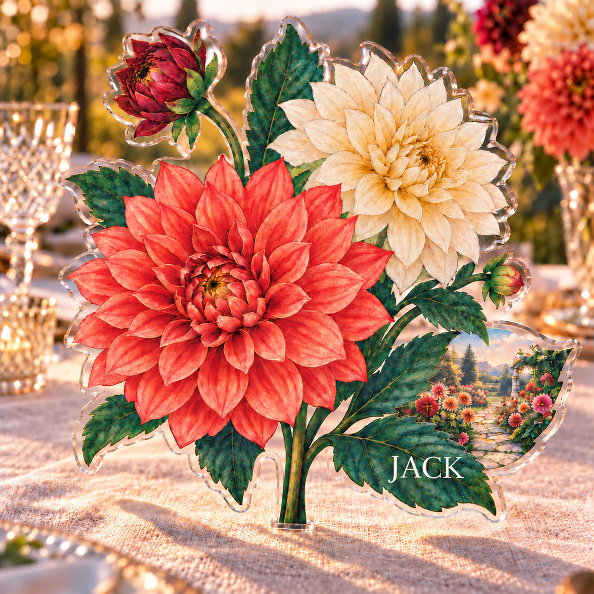 Personalized acrylic plaque with an example name set into the artwork, digital preview