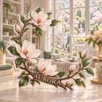 Artwork visualization: Magnolia branch — reading nook decor, personalized AURORA, subject-shaped acrylic with printed optical 3D depth; not carved relief.