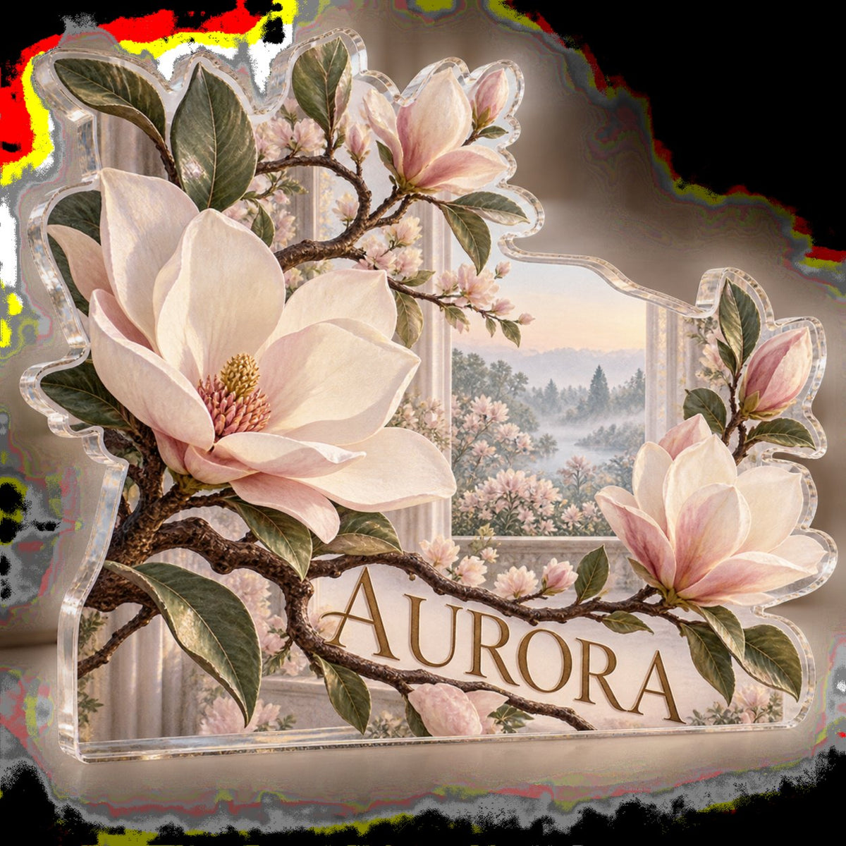 Personalized Magnolia Branch Bedroom Statement Decor custom shape acrylic plaque with an example name set into the artwork, digital preview