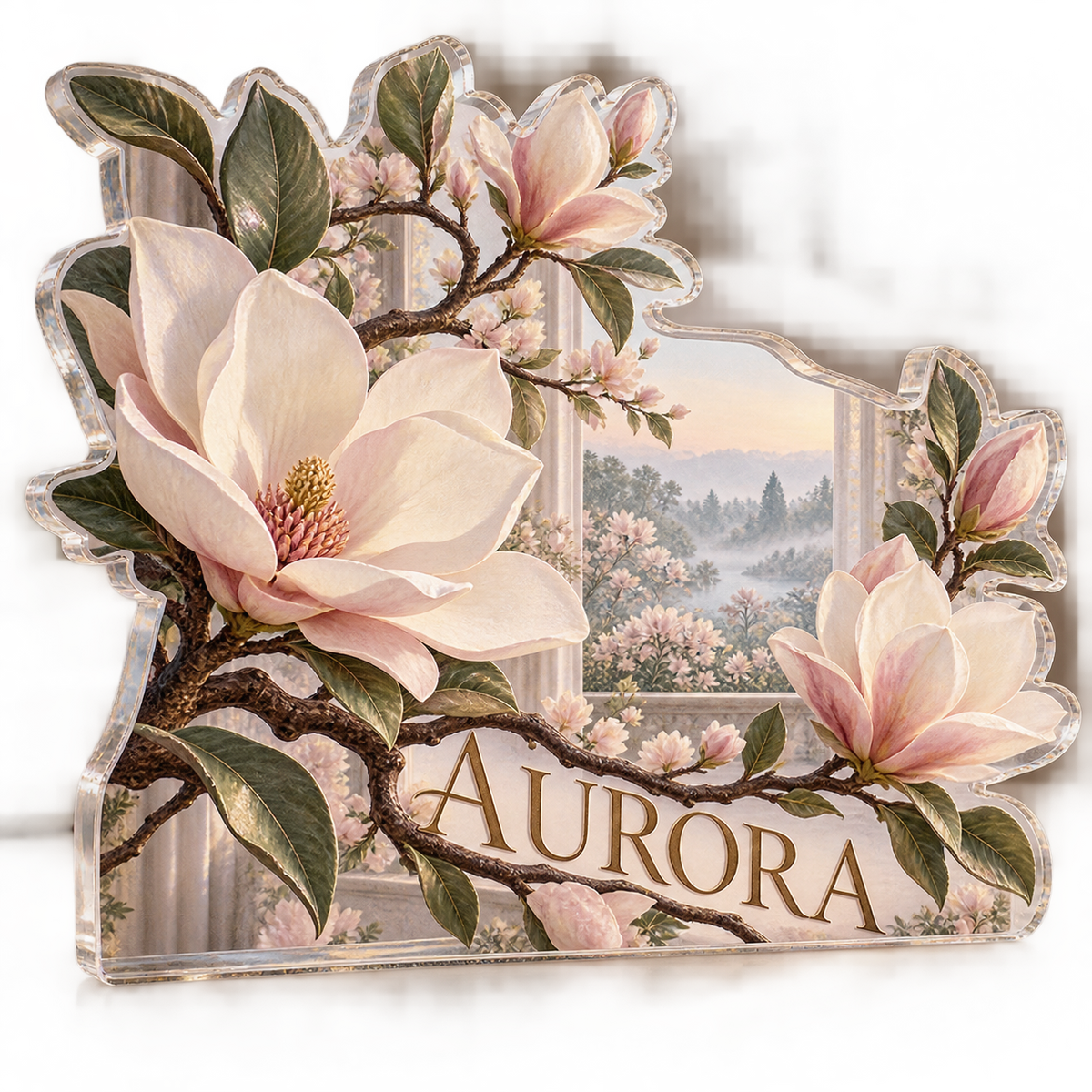 Artwork visualization: Magnolia branch — bedroom statement decor, personalized AURORA, subject-shaped acrylic with printed optical 3D depth; not carved relief.