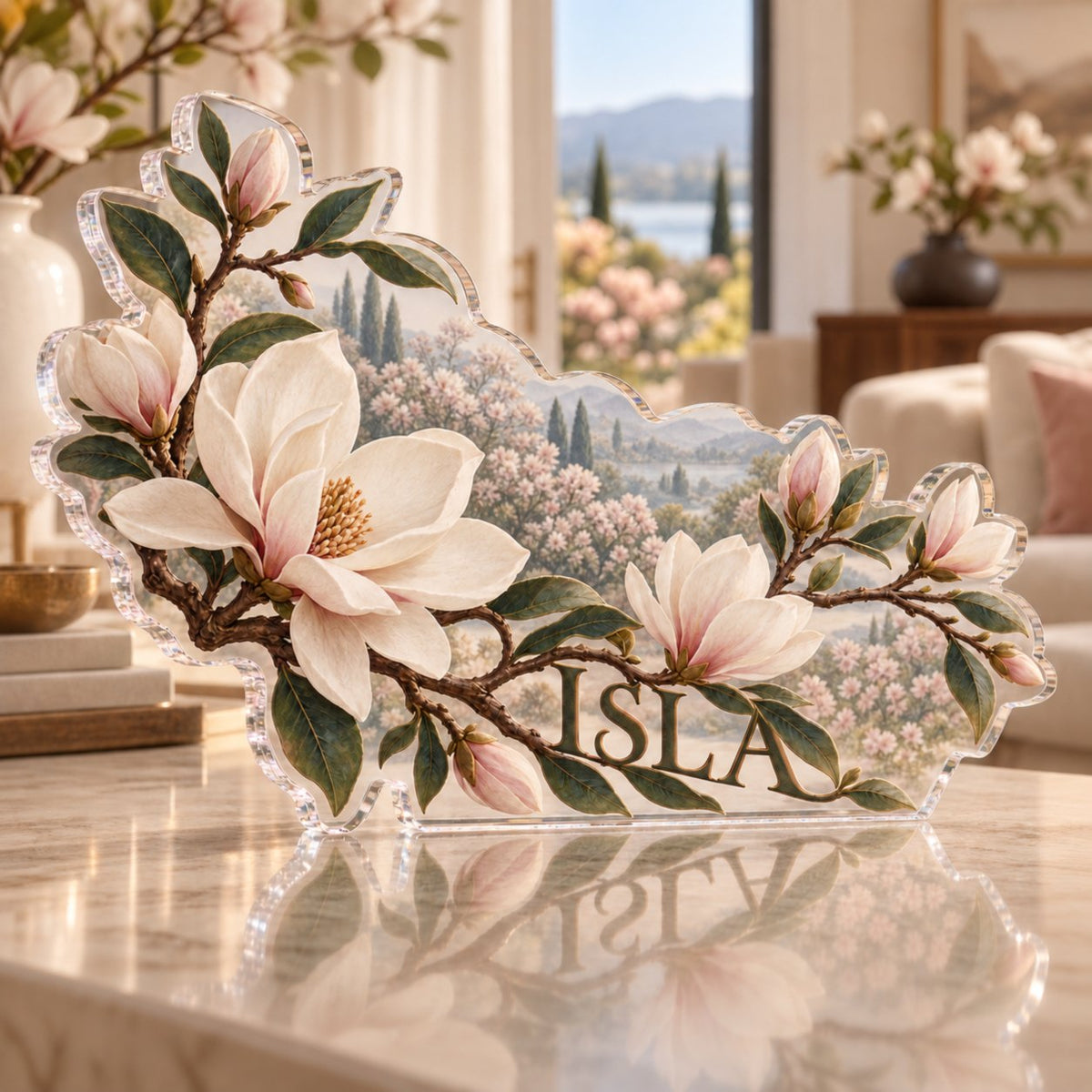 Personalized Magnolia Branch Living Room Focal Point custom shape acrylic plaque with an example name set into the artwork, digital preview
