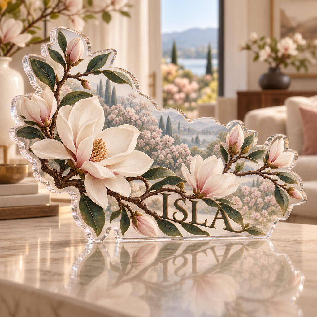 Artwork visualization: Magnolia branch — living room focal point, personalized ISLA, subject-shaped acrylic with printed optical 3D depth; not carved relief.