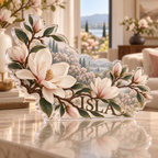Artwork visualization: Magnolia branch — living room focal point, personalized ISLA, subject-shaped acrylic with printed optical 3D depth; not carved relief.