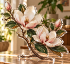 Artwork visualization: Magnolia branch — personalized housewarming, personalized OLIVIA, subject-shaped acrylic with printed optical 3D depth; not carved relief.