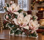 Artwork visualization: Magnolia branch — quiet corner decoration, personalized OLIVIA, subject-shaped acrylic with printed optical 3D depth; not carved relief.