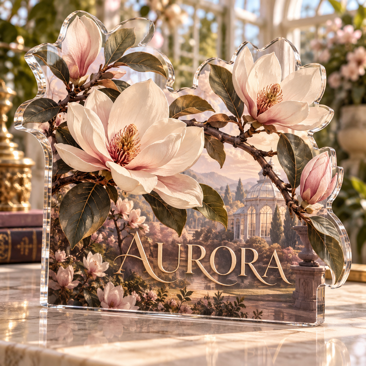 Artwork visualization: Magnolia branch — collector birthday keepsake, personalized AURORA, subject-shaped acrylic with printed optical 3D depth; not carved relief.