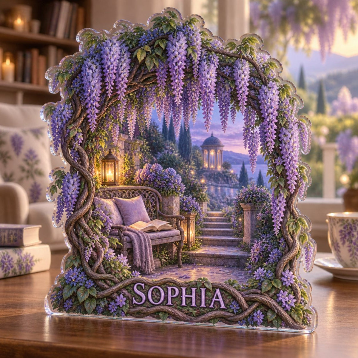 Personalized Wisteria Arch Reading Nook Decor custom shape acrylic plaque with an example name set into the artwork, digital preview