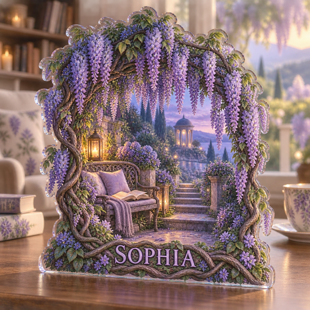 Artwork visualization: Wisteria arch — reading nook decor, personalized SOPHIA, subject-shaped acrylic with printed optical 3D depth; not carved relief.