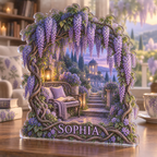 Artwork visualization: Wisteria arch — reading nook decor, personalized SOPHIA, subject-shaped acrylic with printed optical 3D depth; not carved relief.