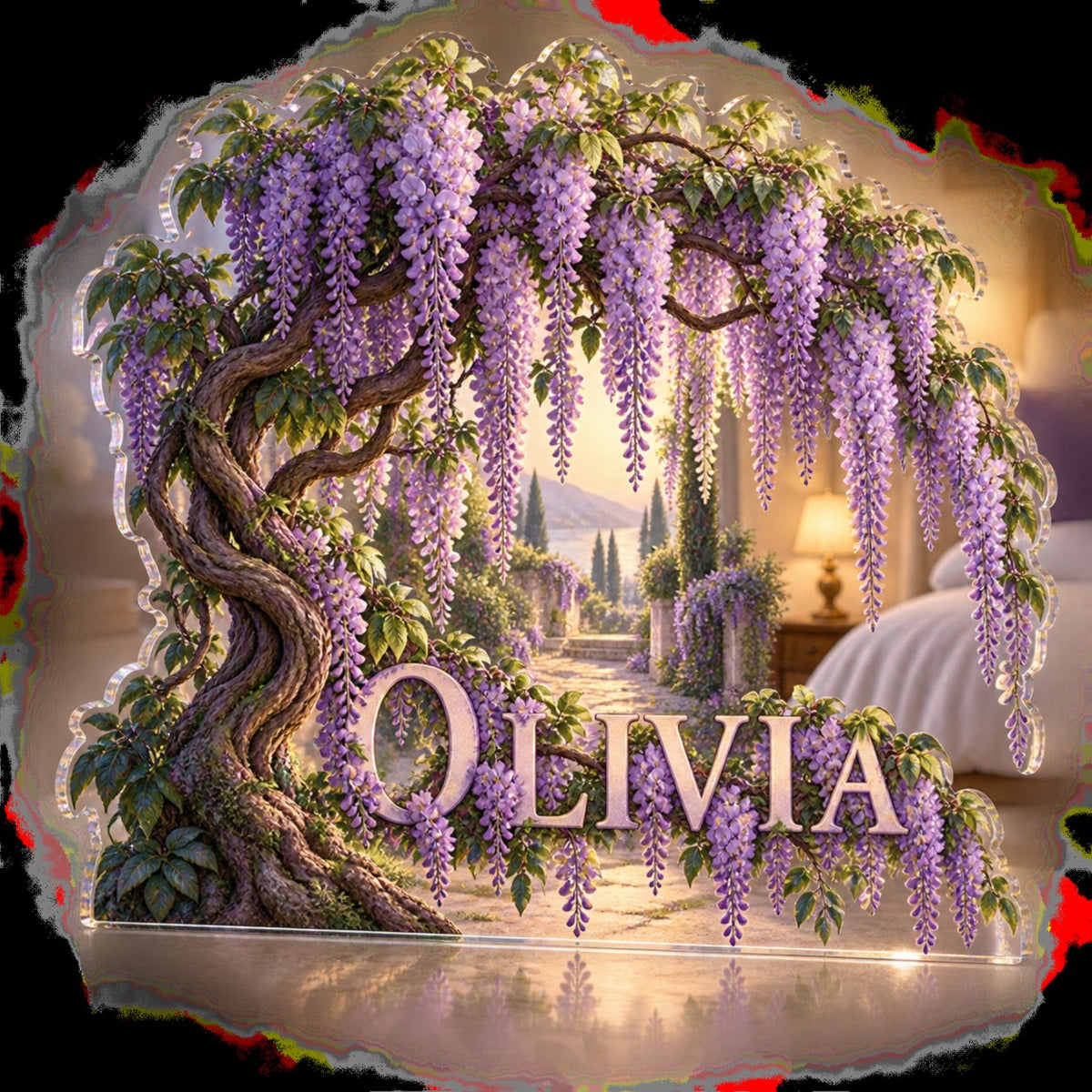 Personalized Wisteria Arch Bedroom Statement Decor custom shape acrylic plaque with an example name set into the artwork, digital preview