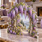 Artwork visualization: Wisteria arch — living room focal point, personalized ALEX, subject-shaped acrylic with printed optical 3D depth; not carved relief.