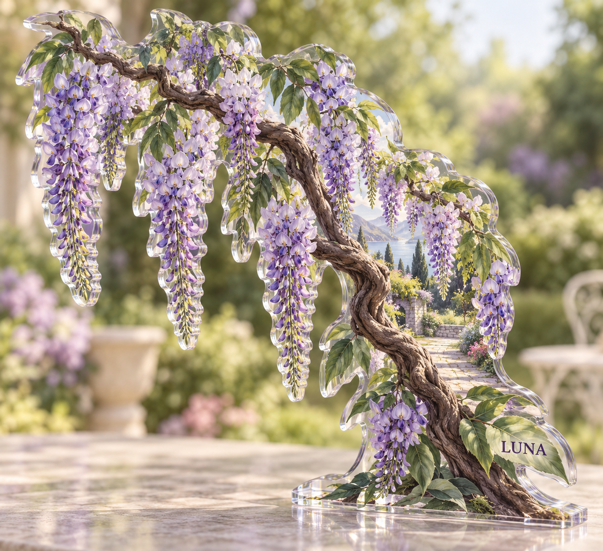 Artwork visualization: Wisteria arch — personalized housewarming, personalized LUNA, subject-shaped acrylic with printed optical 3D depth; not carved relief.