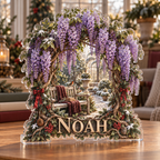 Artwork visualization: Wisteria arch — quiet corner decoration, personalized NOAH, subject-shaped acrylic with printed optical 3D depth; not carved relief.