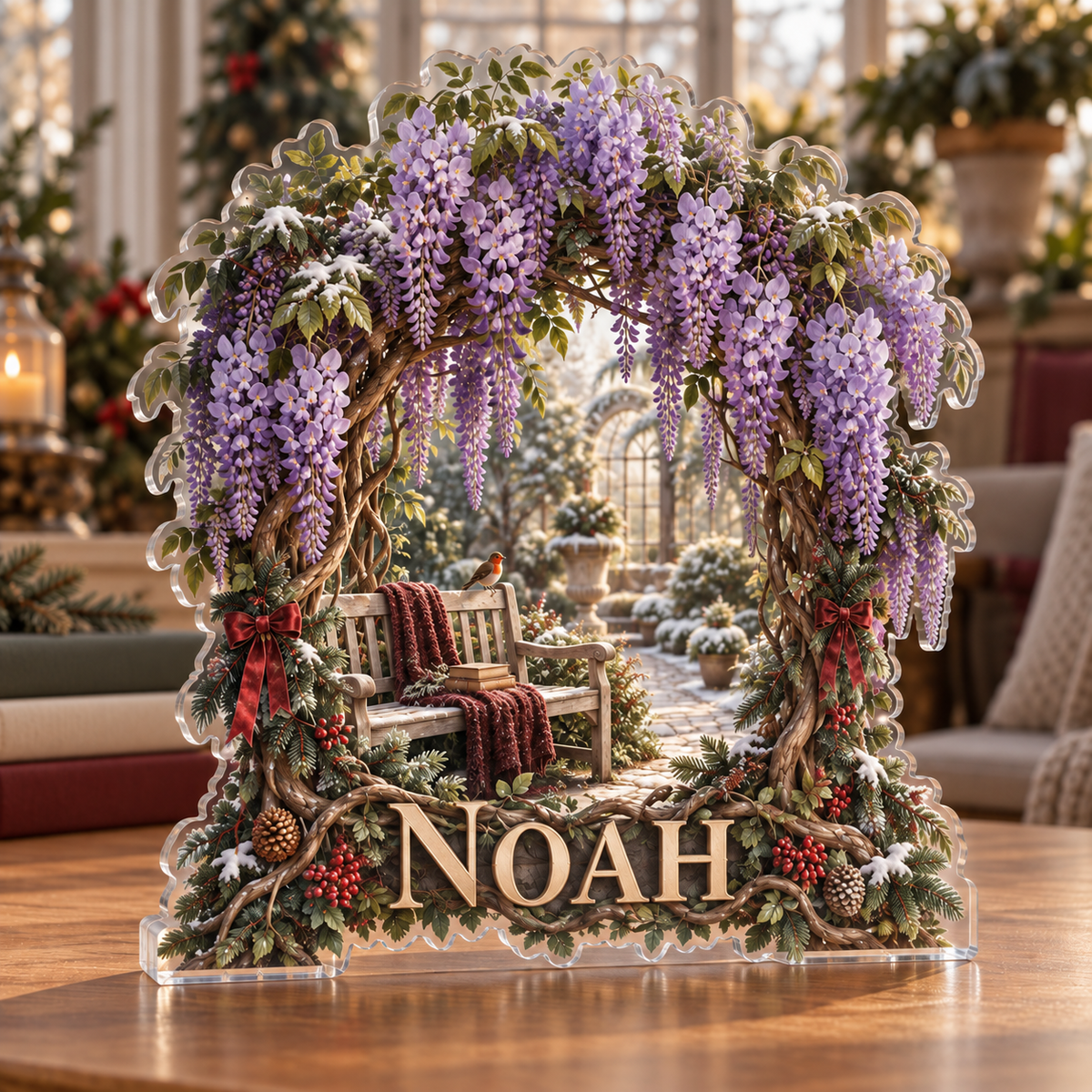 Artwork visualization: Wisteria arch — quiet corner decoration, personalized NOAH, subject-shaped acrylic with printed optical 3D depth; not carved relief.
