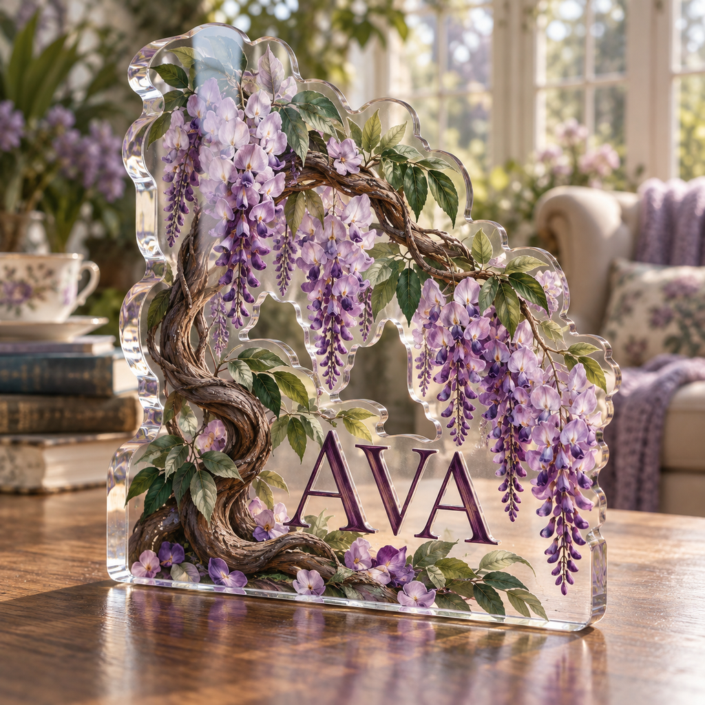 Artwork visualization: Wisteria arch — collector birthday keepsake, personalized AVA, subject-shaped acrylic with printed optical 3D depth; not carved relief.