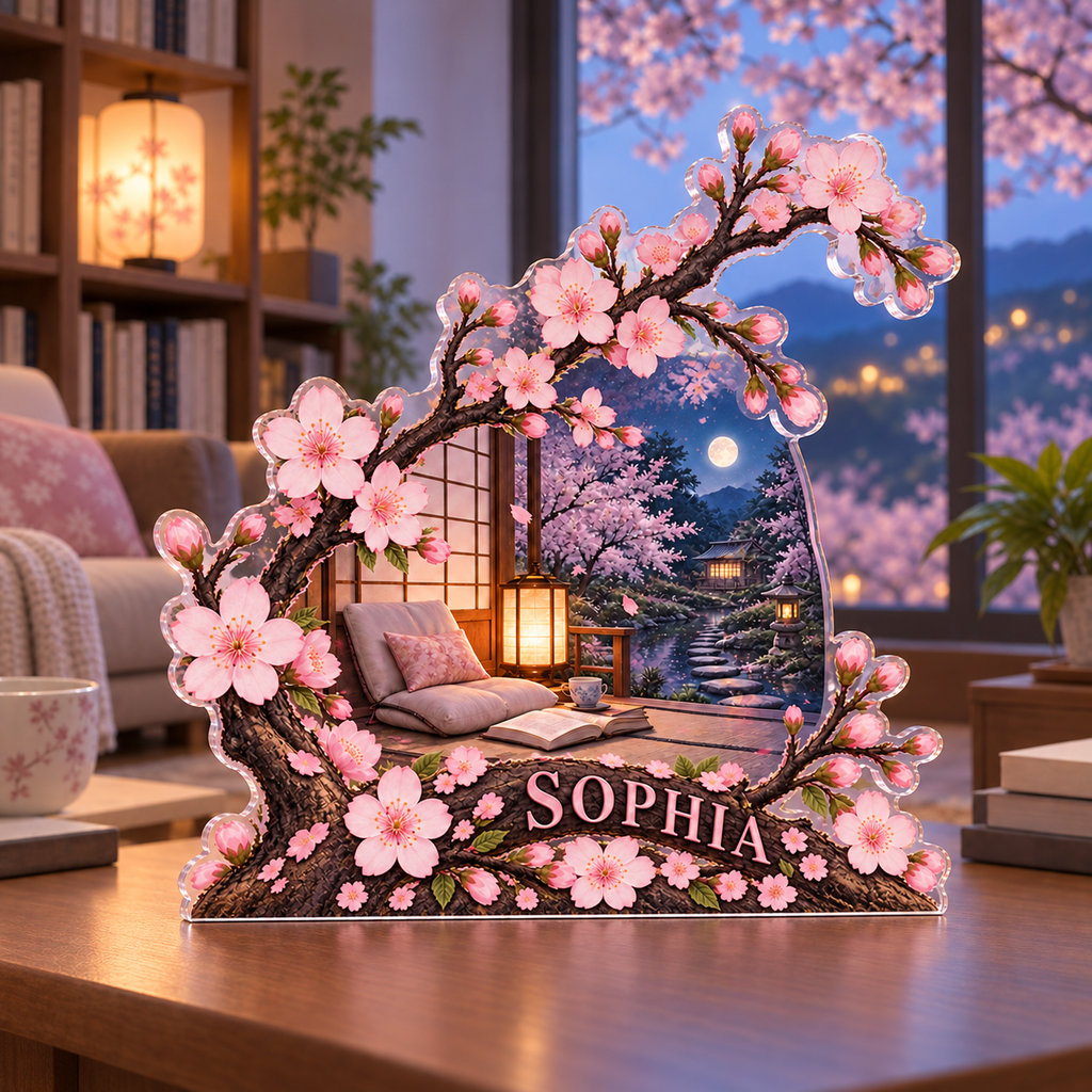 Artwork visualization: Cherry blossom branch — reading nook decor, personalized SOPHIA, subject-shaped acrylic with printed optical 3D depth; not carved relief.
