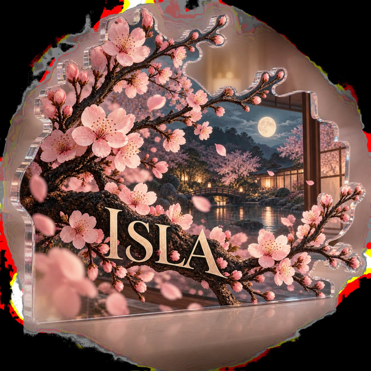 Personalized Cherry Blossom Branch Bedroom Statement Decor custom shape acrylic plaque with an example name set into the artwork, digital preview