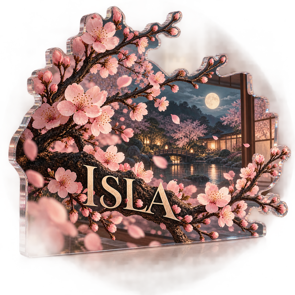 Artwork visualization: Cherry blossom branch — bedroom statement decor, personalized ISLA, subject-shaped acrylic with printed optical 3D depth; not carved relief.