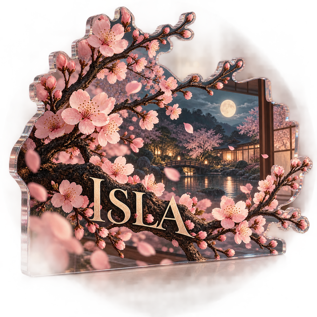 Artwork visualization: Cherry blossom branch — bedroom statement decor, personalized ISLA, subject-shaped acrylic with printed optical 3D depth; not carved relief.