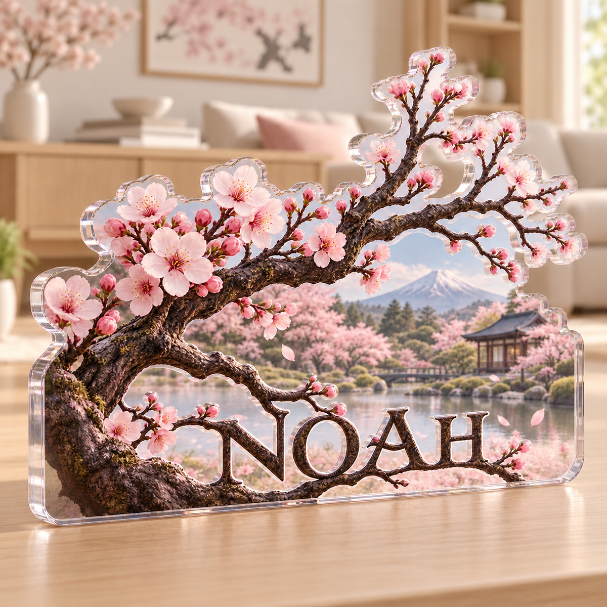 Artwork visualization: Cherry blossom branch — living room focal point, personalized NOAH, subject-shaped acrylic with printed optical 3D depth; not carved relief.