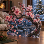 Artwork visualization: Cherry blossom branch — quiet corner decoration, personalized OLIVIA, subject-shaped acrylic with printed optical 3D depth; not carved relief.