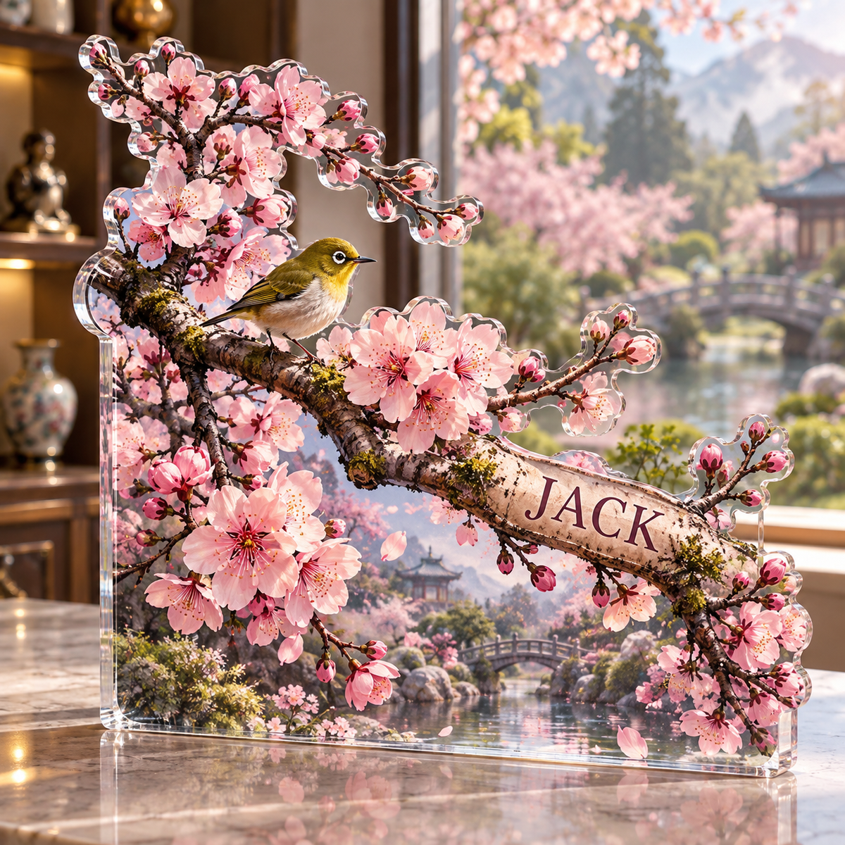 Artwork visualization: Cherry blossom branch — collector birthday keepsake, personalized JACK, subject-shaped acrylic with printed optical 3D depth; not carved relief.