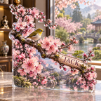 Artwork visualization: Cherry blossom branch — collector birthday keepsake, personalized JACK, subject-shaped acrylic with printed optical 3D depth; not carved relief.