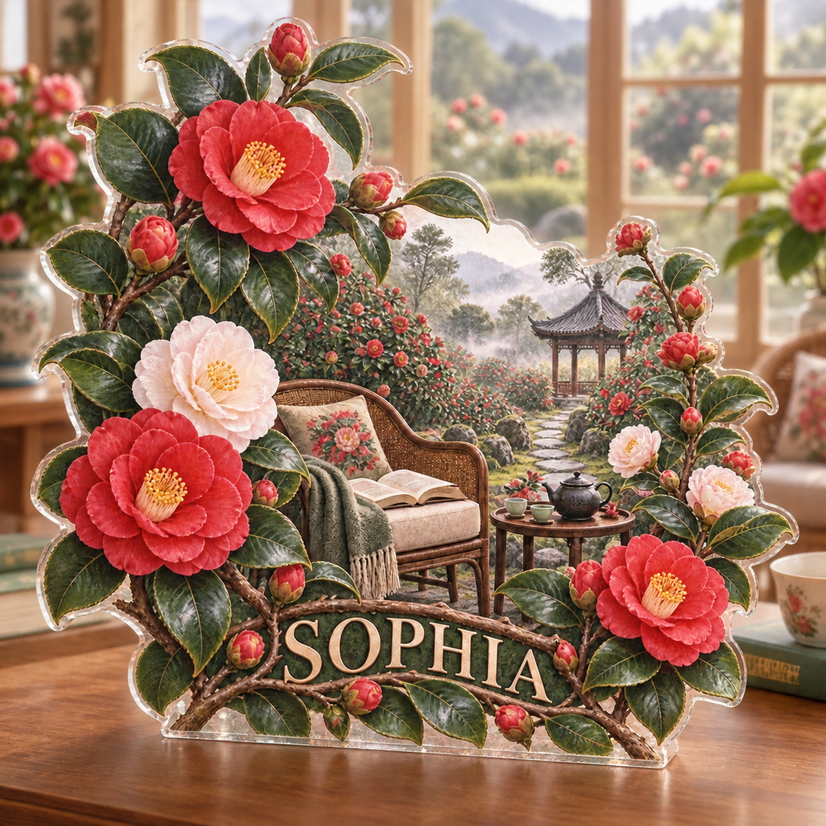 Artwork visualization: Camellia tea garden — reading nook decor, personalized SOPHIA, subject-shaped acrylic with printed optical 3D depth; not carved relief.