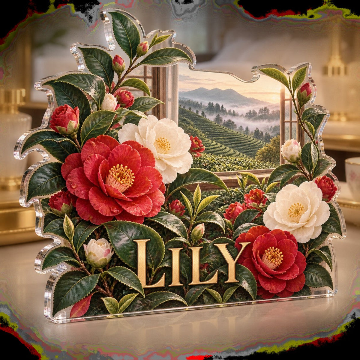Personalized Camellia Tea Garden Bedroom Statement Decor custom shape acrylic plaque with an example name set into the artwork, digital preview
