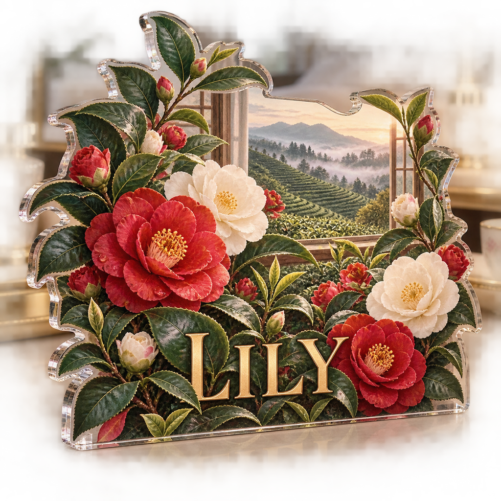 Artwork visualization: Camellia tea garden — bedroom statement decor, personalized LILY, subject-shaped acrylic with printed optical 3D depth; not carved relief.