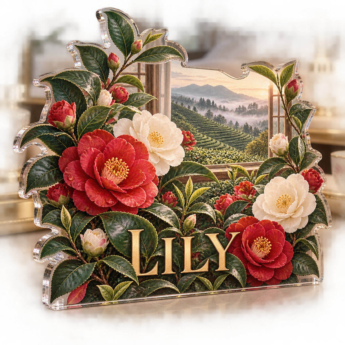 Artwork visualization: Camellia tea garden — bedroom statement decor, personalized LILY, subject-shaped acrylic with printed optical 3D depth; not carved relief.