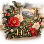 Artwork visualization: Camellia tea garden — bedroom statement decor, personalized LILY, subject-shaped acrylic with printed optical 3D depth; not carved relief.