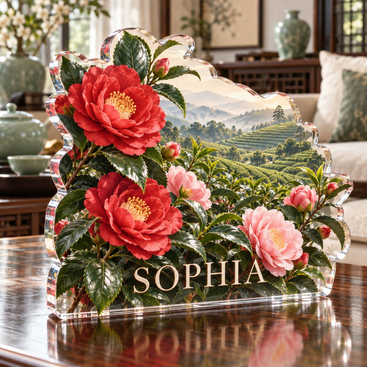 Personalized Camellia Tea Garden Living Room Focal Point custom shape acrylic plaque with an example name set into the artwork, digital preview