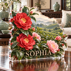 Artwork visualization: Camellia tea garden — living room focal point, personalized SOPHIA, subject-shaped acrylic with printed optical 3D depth; not carved relief.