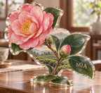 Artwork visualization: Camellia tea garden — personalized housewarming, personalized MIA, subject-shaped acrylic with printed optical 3D depth; not carved relief.