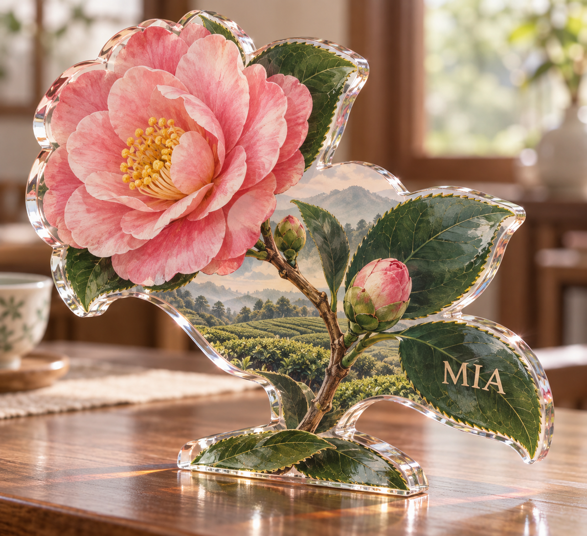 Artwork visualization: Camellia tea garden — personalized housewarming, personalized MIA, subject-shaped acrylic with printed optical 3D depth; not carved relief.