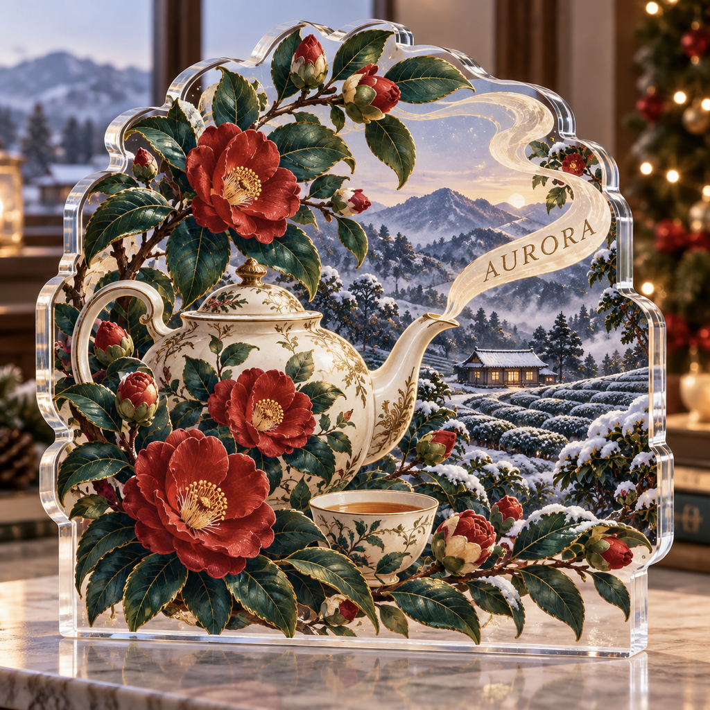 Artwork visualization: Camellia tea garden — quiet corner decoration, personalized AURORA, subject-shaped acrylic with printed optical 3D depth; not carved relief.