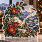 Artwork visualization: Camellia tea garden — quiet corner decoration, personalized AURORA, subject-shaped acrylic with printed optical 3D depth; not carved relief.