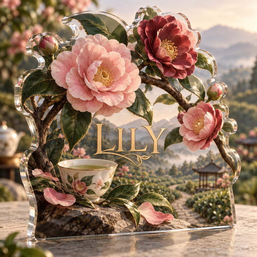 Artwork visualization: Camellia tea garden — collector birthday keepsake, personalized LILY, subject-shaped acrylic with printed optical 3D depth; not carved relief.