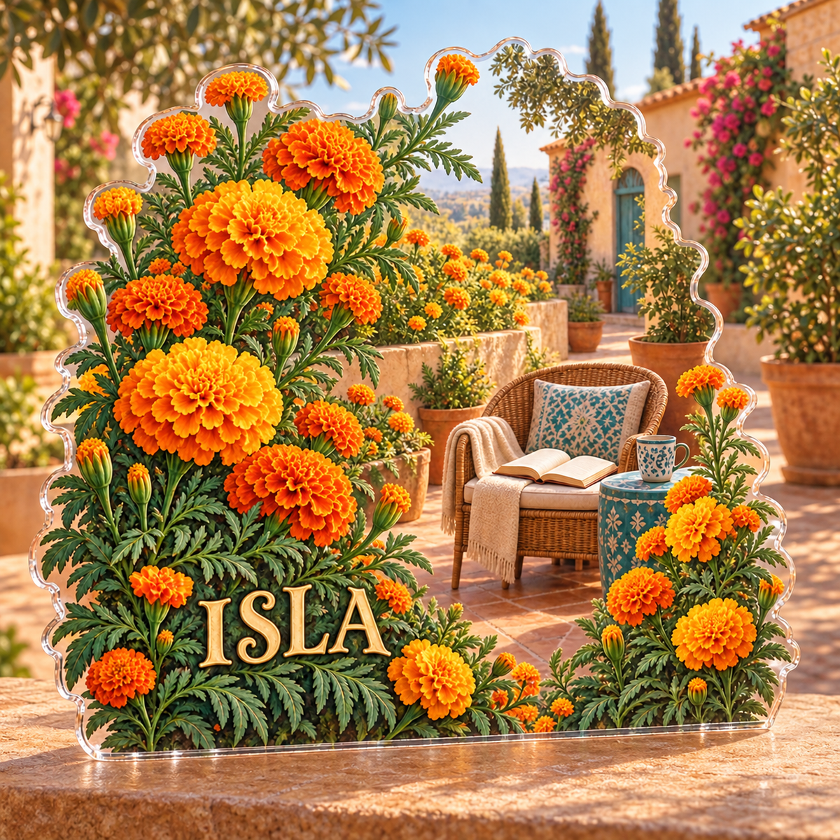 Artwork visualization: Marigold border — reading nook decor, personalized ISLA, subject-shaped acrylic with printed optical 3D depth; not carved relief.