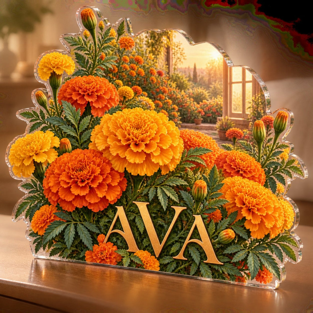 Personalized Marigold Border Bedroom Statement Decor custom shape acrylic plaque with an example name set into the artwork, digital preview
