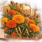 Artwork visualization: Marigold border — bedroom statement decor, personalized AVA, subject-shaped acrylic with printed optical 3D depth; not carved relief.