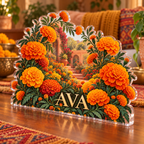 Artwork visualization: Marigold border — living room focal point, personalized AVA, subject-shaped acrylic with printed optical 3D depth; not carved relief.